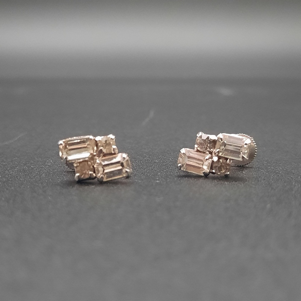 Vintage Rhinestone Screw-Back Earrings with‎ Emerald Cut and Round Stones